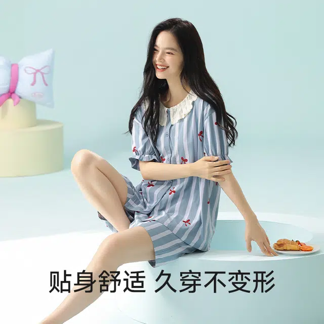 夏芬妍 柔软舒适透气翻领亲肤条纹家居服休闲短袖上衣可外穿三分裤睡衣套装 女款 蓝色