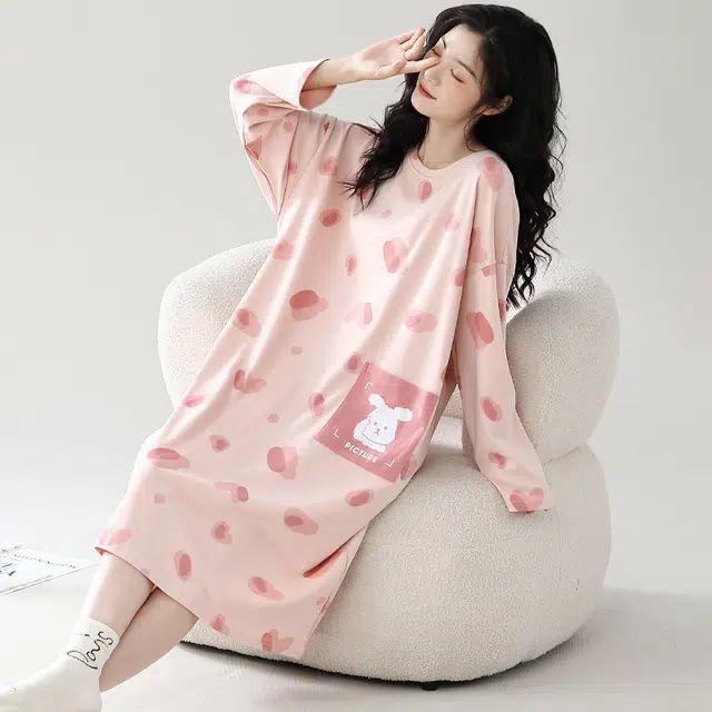 夏芬妍 舒适柔软不规则色块贴袋带胸垫圆领家居服亲肤休闲长袖可外穿中长款睡衣礼盒 女款 粉色