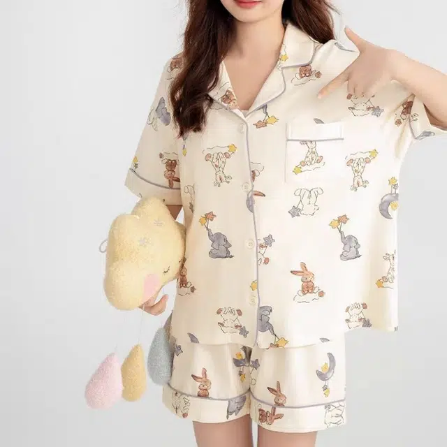 夏芬妍 甜美休闲舒适时尚动物派对纯棉翻领家居服亲肤宽松短袖短裤可外穿睡衣套装 女款 杏色