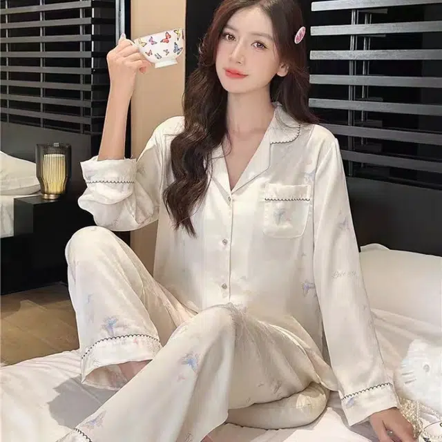 夏芬妍 简约休闲高级感翻领家居服舒适亲肤长袖长裤可外穿睡衣套装 女款 白色