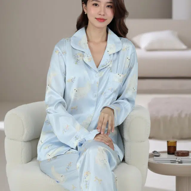夏芬妍 时尚甜美蝴蝶结小猫冰丝翻领家居服简约休闲舒适亲肤宽松长袖长裤可外穿睡衣套装 女款 蓝色