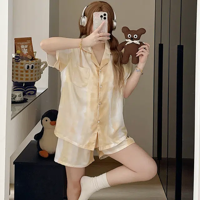 夏芬妍 休闲舒适高级感晕染冰丝翻领家居服亲肤宽松短袖短裤长裤时尚可外穿夏季睡衣套装 女款