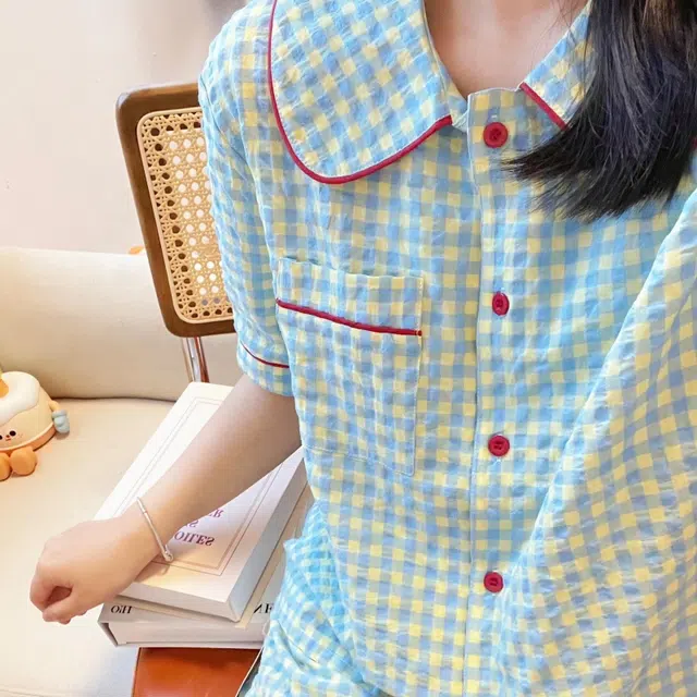 夏芬妍 柔软舒适甜美格子云朵棉翻领开衫家居服亲肤休闲短袖短裤休闲可外穿睡衣套装 女款