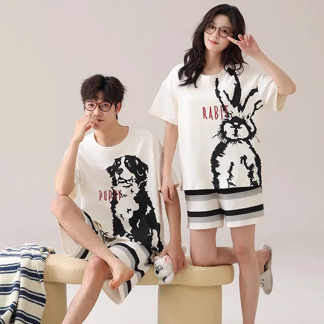 夏芬妍 柔软舒适条纹萌宠翻领家居服休闲短袖短裤时尚可外穿睡衣套装 男女同款