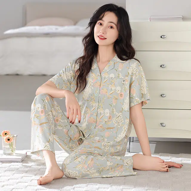 夏芬妍 简约柔软舒适花卉满印翻领短袖上衣家居服亲肤休闲可外穿长裤睡衣套装 女款 灰绿色
