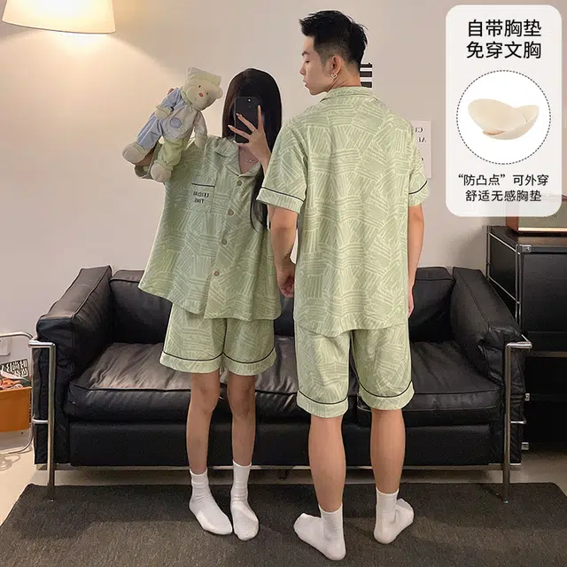 夏芬妍 柔软舒适休闲翻领开衫短袖亲肤时尚可外穿家居服睡衣套装 男女同款