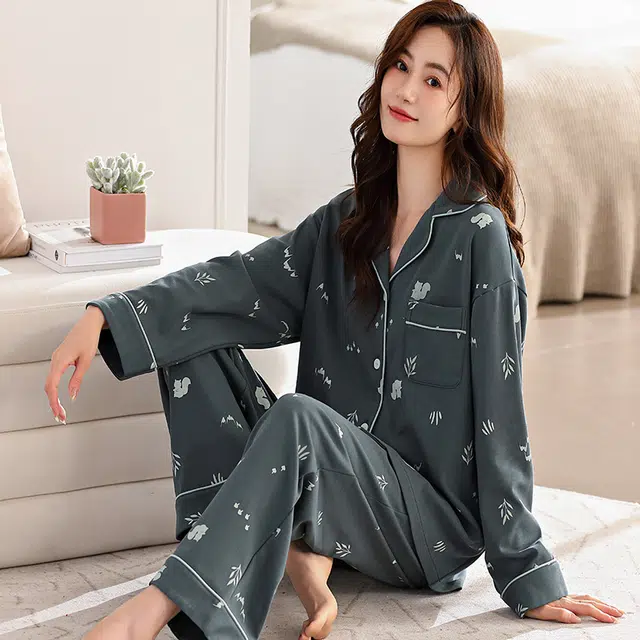 夏芬妍 亲肤舒适翻领家居服简约休闲长袖长裤可外穿睡衣套装 女款 藏蓝色