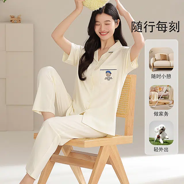夏芬妍 时尚柔软亲肤戴帽小熊翻领开衫家居服简约休闲舒适短袖长裤可外穿睡衣套装 女款 米黄色