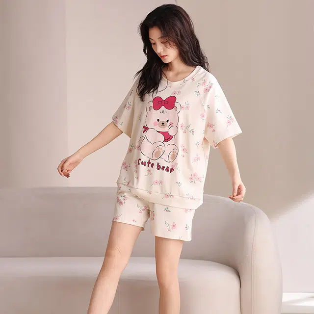 夏芬妍 简约休闲碎花小熊舒适亲肤宽松短袖短裤时尚圆领可外穿家居服睡衣套装 女款 杏色