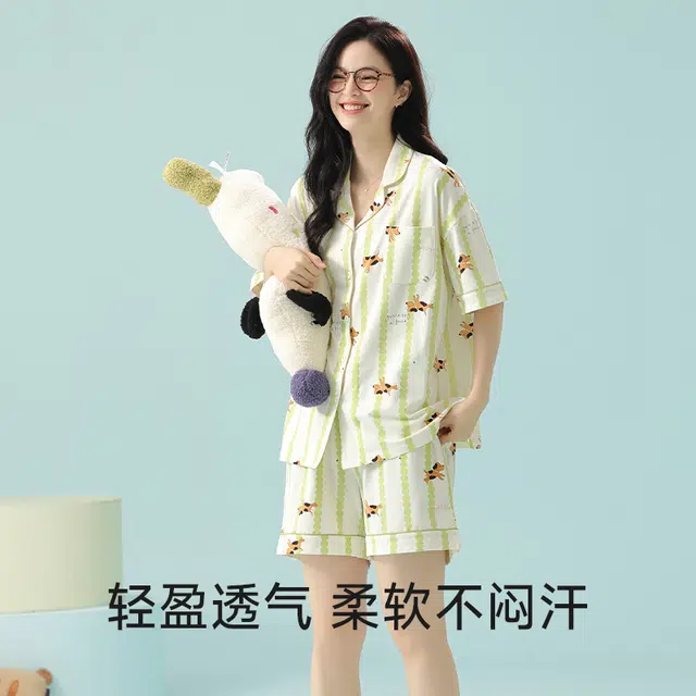 夏芬妍 柔软舒适透气亲肤条纹翻领家居服休闲短袖时尚可外穿睡衣套装 女款 绿色
