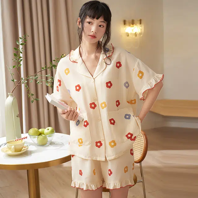 夏芬妍 甜美柔软舒适小红花云朵棉翻领家居服亲肤休闲短袖短裤可外穿睡衣套装 女款 杏色