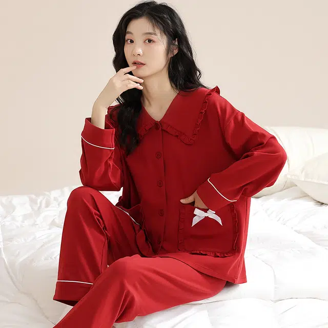 夏芬妍 亲肤舒适蝴蝶结贴袋花边拼接公主领纯棉家居服简约休闲长袖长裤可外穿喜庆本命年睡衣套装 女款 红色
