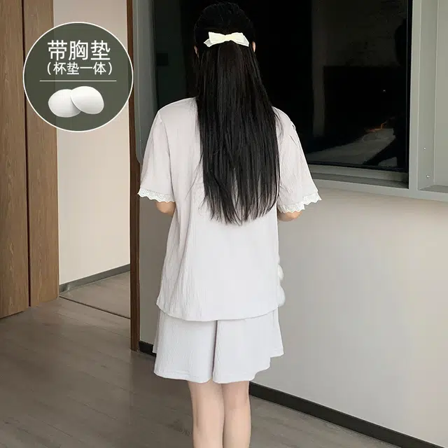 夏芬妍 柔软舒适慵懒风卡通兔子圆领家居服亲肤休闲带胸垫短袖短裤时尚可外穿睡衣套装 女款 灰色