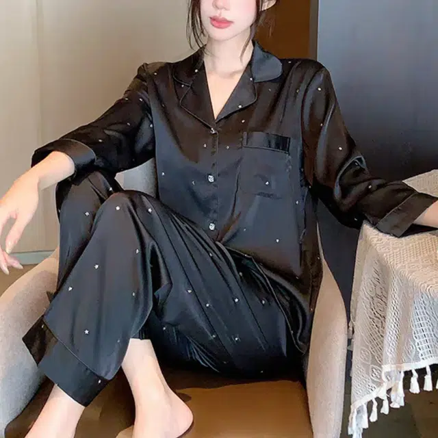夏芬妍 简约舒适高级感气质暗夜之星翻领家居服亲肤休闲长袖长裤可外穿睡衣套装 女款 黑色