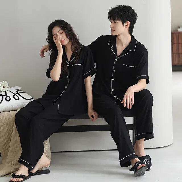 夏芬妍 时尚柔软舒适纯色云朵棉翻领开衫家居服休闲亲肤时尚可外穿短袖长裤睡衣套装 男女同款 黑色