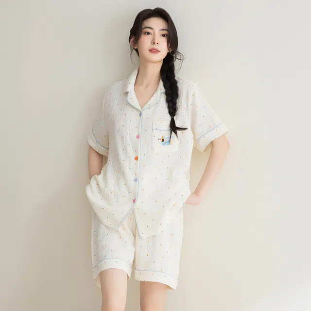 夏芬妍 甜美可爱卡通婴儿棉双层纱翻领短袖短裤家居服简约休闲可外穿睡衣套装 女款