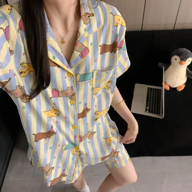 夏芬妍 柔软舒适星星条纹小狗云朵棉翻领开衫家居服亲肤休闲短袖三件套时尚可外穿睡衣套装 女款