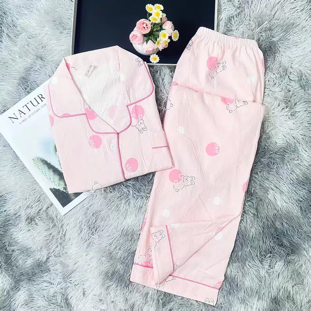 夏芬妍 简约卡通满印波点小兔翻领云朵棉短袖长裤家居服可爱舒适休闲可外穿睡衣套装 女款 粉色