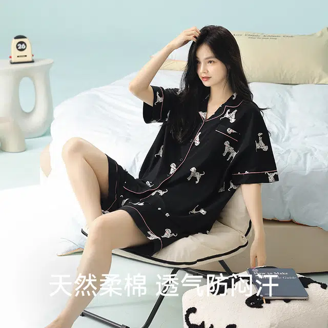夏芬妍 柔软舒适透气亲肤可爱斑点狗家居服休闲凉感时尚可外穿睡衣套装 女款 黑色