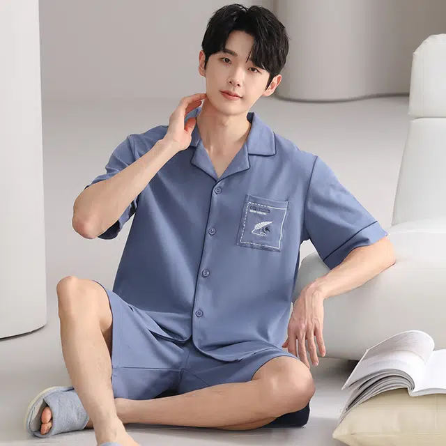 夏芬妍 简约舒适纯色纯棉翻领家居服亲肤宽松休闲短袖短裤长裤三件套时尚可外穿睡衣套装 男款 宝蓝色
