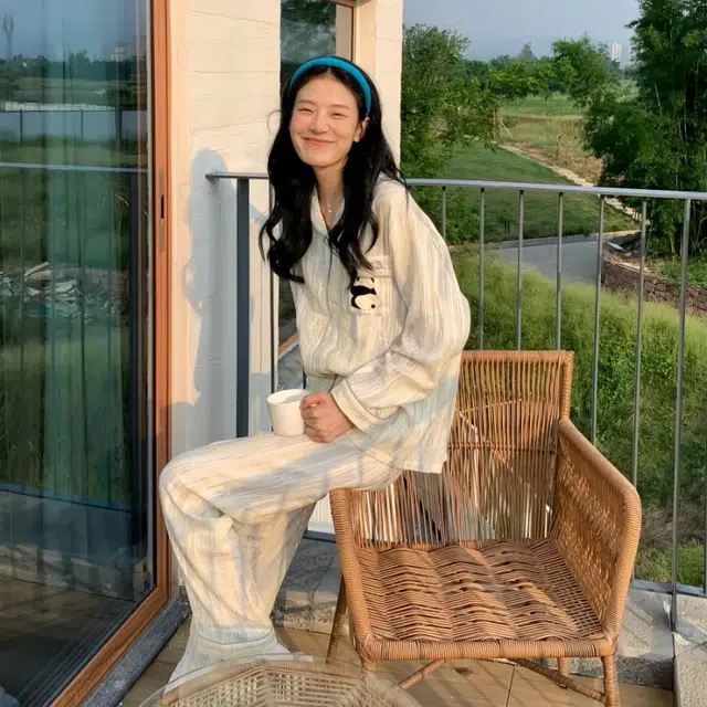 夏芬妍 柔软舒适条纹熊猫云朵棉开衫家居服亲肤休闲长袖长裤可外穿春秋款睡衣套装 女款 杏色