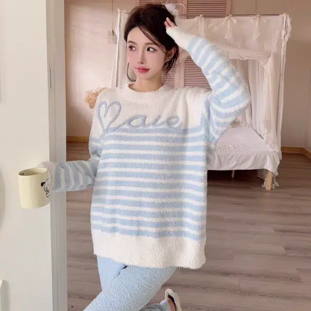 夏芬妍 简约甜美柔软亲肤爱心英文条纹半边绒加绒加厚蓄温保暖长袖长裤可外穿睡衣套装 女款 蓝色
