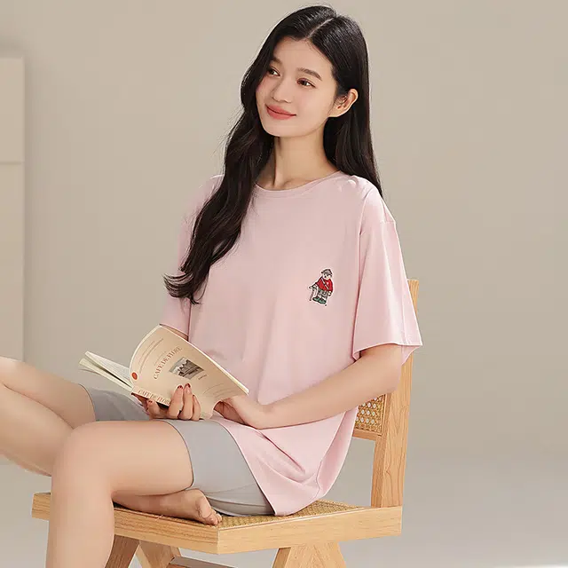 夏芬妍 时尚柔软亲肤纯色圆领家居服简约休闲舒适短袖短裤可外穿睡衣套装 女款 粉色