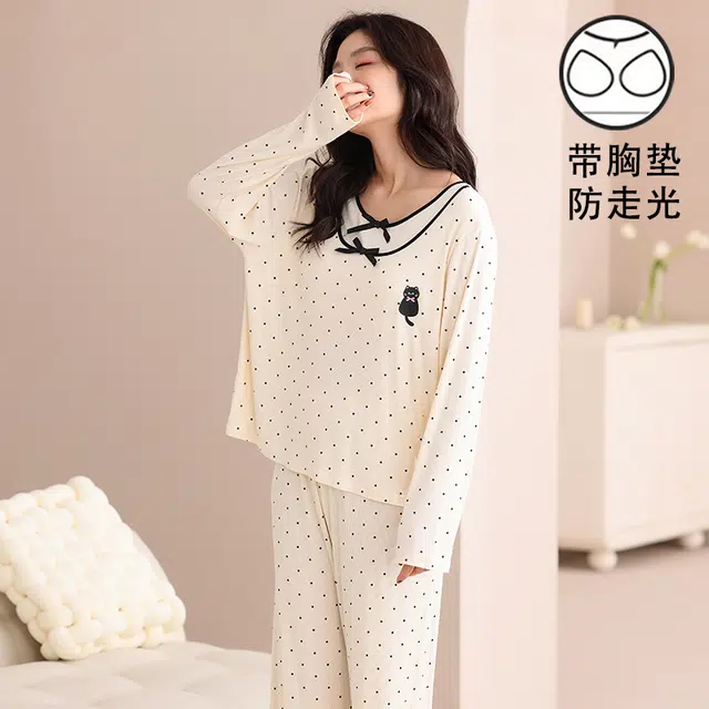 夏芬妍 时尚舒适柔软甜美假两件波点小猫带胸垫家居服简约休闲亲肤宽松长袖长裤可外穿睡衣套装 女款 杏色