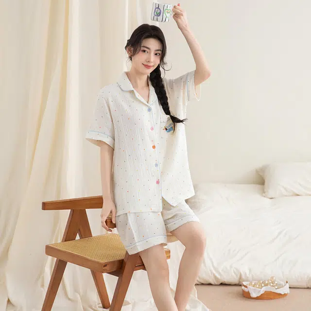 夏芬妍 甜美可爱卡通婴儿棉双层纱翻领短袖短裤家居服简约休闲可外穿睡衣套装 女款