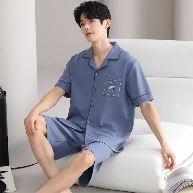 夏芬妍 简约舒适纯色纯棉翻领家居服亲肤宽松休闲短袖短裤长裤三件套时尚可外穿睡衣套装 男款 宝蓝色