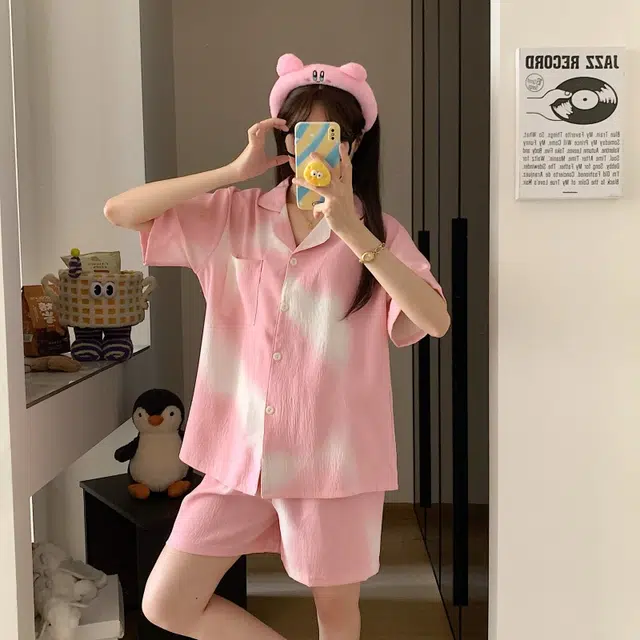 夏芬妍 简约甜美晕染翻领云朵棉短袖短裤家居服柔软舒适休闲可外穿夏季睡衣套装 女款