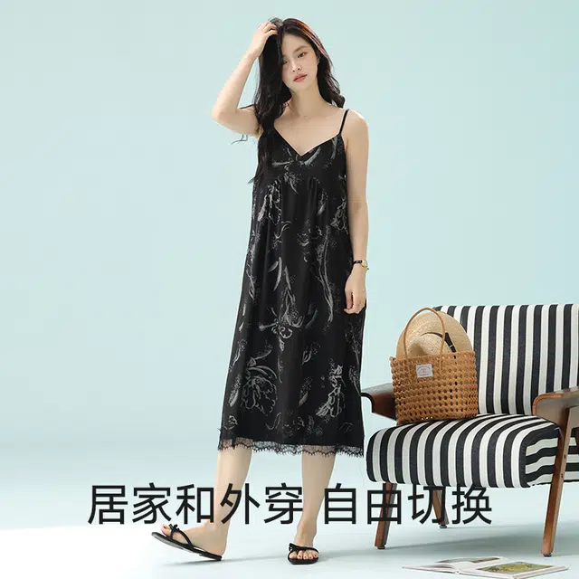 夏芬妍 柔软舒适透气亲肤花卉满印蕾丝边带胸垫睡衣家居服休闲宽松凉感吊带时尚可外穿睡裙 女款 黑色