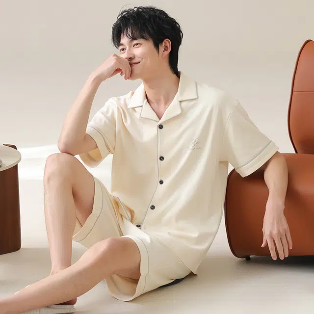 夏芬妍 简约舒适柔软高级感纯色纯棉翻领开衫家居服亲肤休闲短袖短裤时尚可外穿睡衣套装 男款 杏色