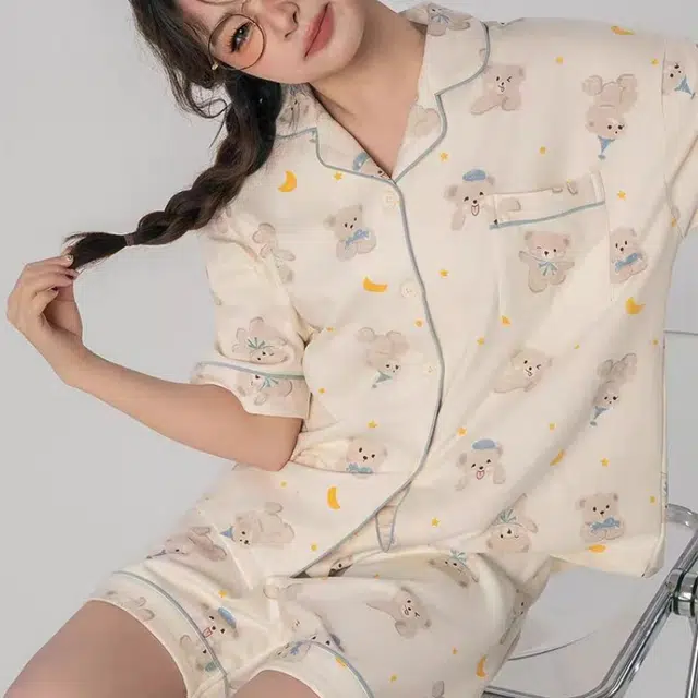 夏芬妍 甜美休闲舒适时尚月亮小熊纯棉翻领家居服亲肤宽松短袖短裤可外穿睡衣套装 女款 杏色