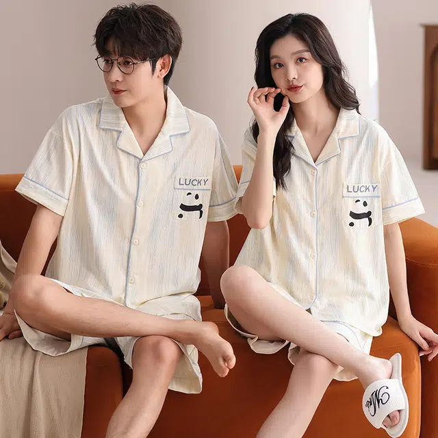 夏芬妍 柔软舒适条纹熊猫纯棉翻领家居服休闲舒适短袖短裤时尚可外穿 睡衣套装 男女同款