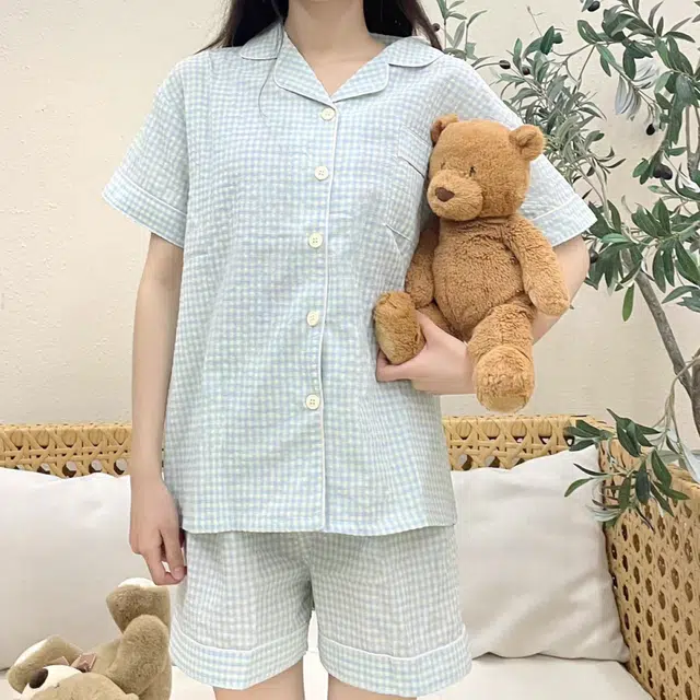 夏芬妍 简约休闲舒适时尚纯色纯棉翻领家居服亲肤宽松短袖短裤可外穿睡衣套装 女款 蓝色