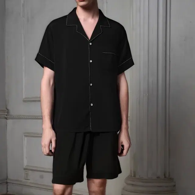 夏芬妍 简约休闲百搭纯色舒适亲肤短袖时尚翻领可外穿家居服睡衣套装 男款 黑色