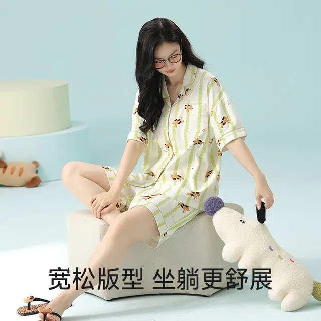 夏芬妍 柔软舒适透气亲肤条纹翻领家居服休闲短袖时尚可外穿睡衣套装 女款 绿色