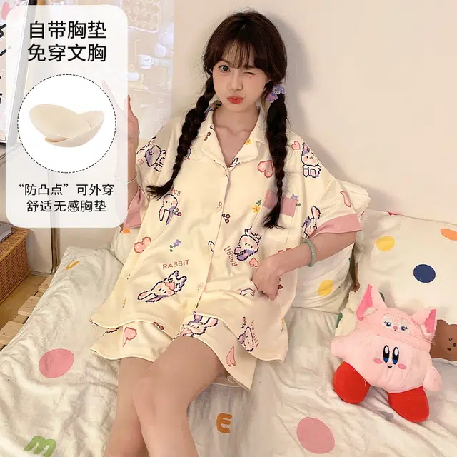 夏芬妍 柔软舒适卡通爱心兔子翻领开衫家居服亲肤短袖短裤休闲带胸垫可外穿睡衣套装 女款