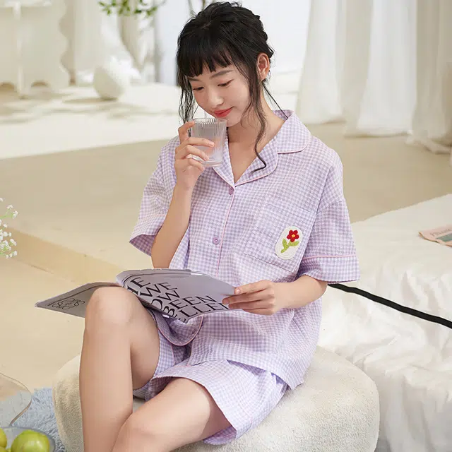 夏芬妍 甜美柔软舒适格子花朵云朵棉翻领家居服亲肤休闲短袖短裤可外穿睡衣套装 女款 紫色