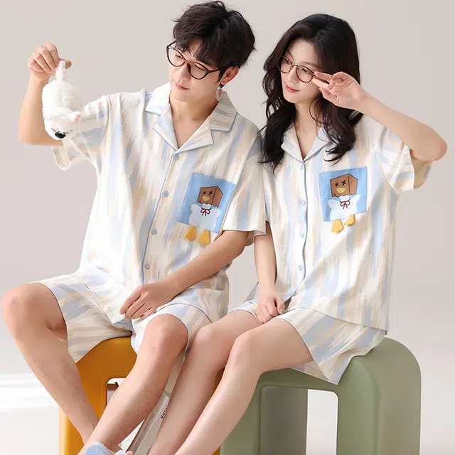 夏芬妍 柔软舒适卡通小鸭纯棉翻领家居服休闲舒适短袖时尚可外穿睡衣套装 男女同款