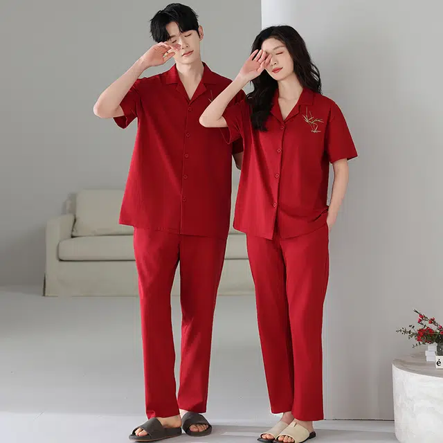 夏芬妍 喜气中国红简约柔软舒适翻领开衫本命年家居服亲肤休闲短袖长裤时尚可外穿睡衣套装 男女同款