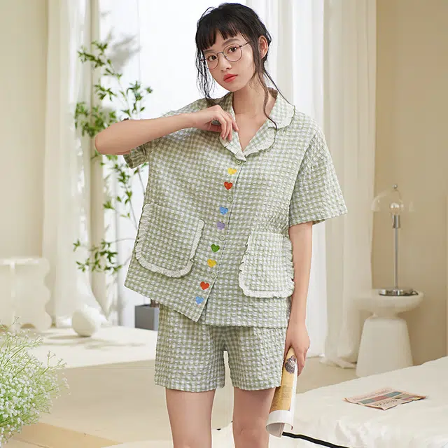 夏芬妍 甜美柔软舒适格子爱心云朵棉翻领家居服亲肤休闲短袖短裤可外穿睡衣套装 女款 绿色