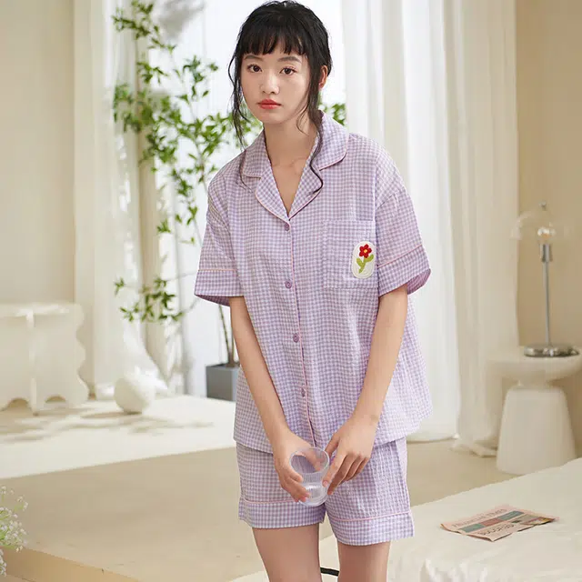 夏芬妍 甜美柔软舒适格子花朵云朵棉翻领家居服亲肤休闲短袖短裤可外穿睡衣套装 女款 紫色