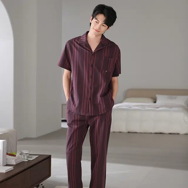 夏芬妍 简约时尚大方柔软舒适条纹翻领家居服亲肤休闲短袖长裤可外穿睡衣套装 男款 砖红色