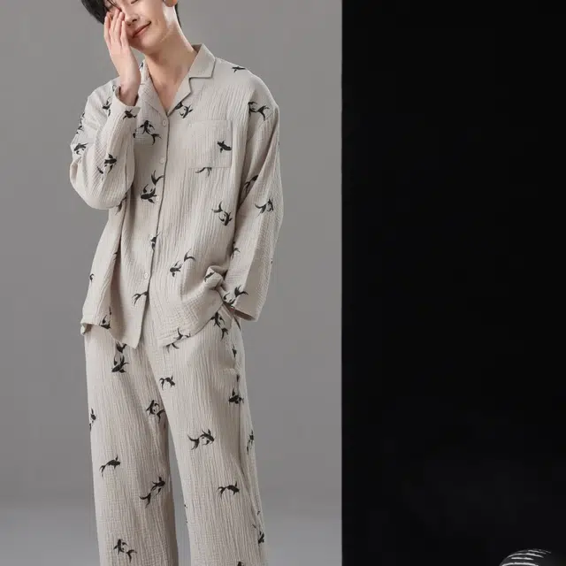 夏芬妍 时尚轻盈舒适柔软侘寂风金鱼满印圆领婴儿棉双层纱家居服休闲亲肤宽松长袖长裤可外穿睡衣套装 男款 灰色