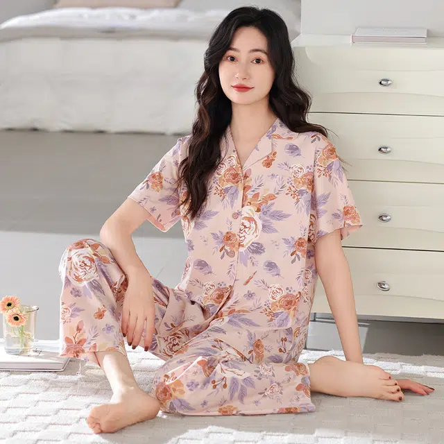 夏芬妍 简约时尚柔软舒适花卉满印翻领家居服亲肤休闲短袖长裤可外穿睡衣套装 女款 粉色