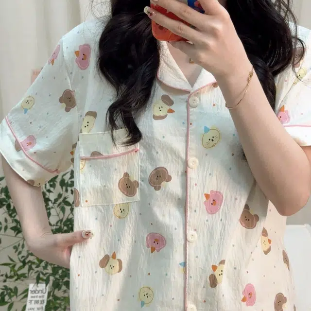 夏芬妍 柔软舒适戴帽小狗云朵棉翻领开衫家居服亲肤休闲短袖三件套时尚可外穿睡衣套装 女款 杏色