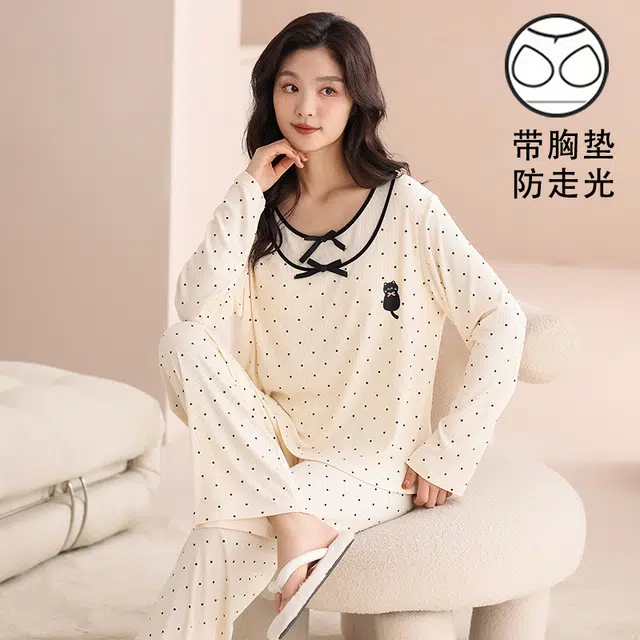 夏芬妍 时尚舒适柔软甜美假两件波点小猫带胸垫家居服简约休闲亲肤宽松长袖长裤可外穿睡衣套装 女款 杏色