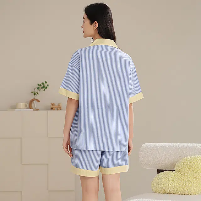 夏芬妍 时尚柔软亲肤时尚条纹翻领开衫家居服简约休闲舒适睡衣套装 女款 蓝色